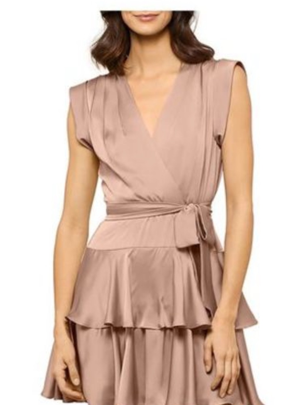 BCBGMaxAzria Satin Beige Belted Cuffed SleeveMini Fit+ Flare Dress 2 Party Solid